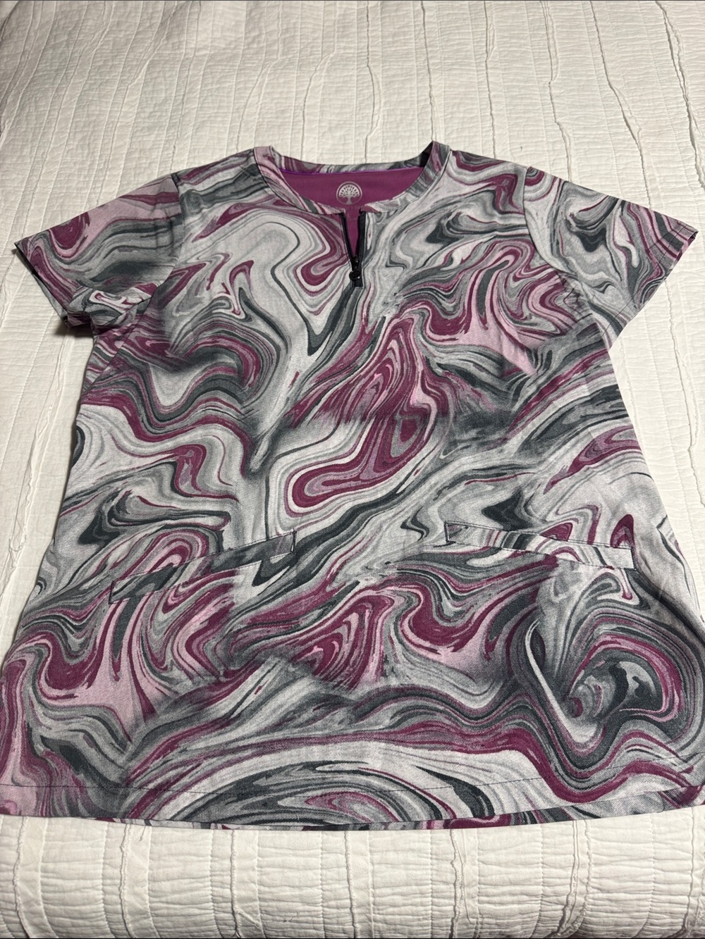 healing hands Plum and Gray Swirl Short Sleeve Scrub Top